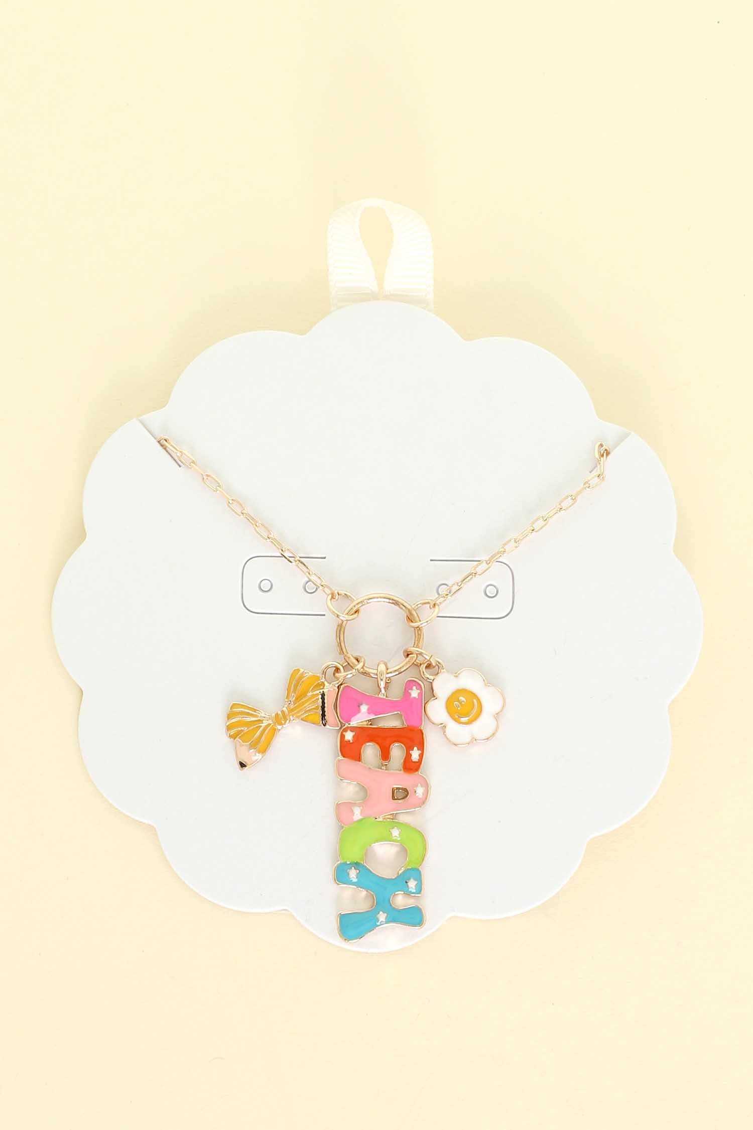 SP Sophia Collection - Wholesale Pendant/Charm Necklace - Colorful “TEACH” Letter Necklace with Bow and Flower Charms