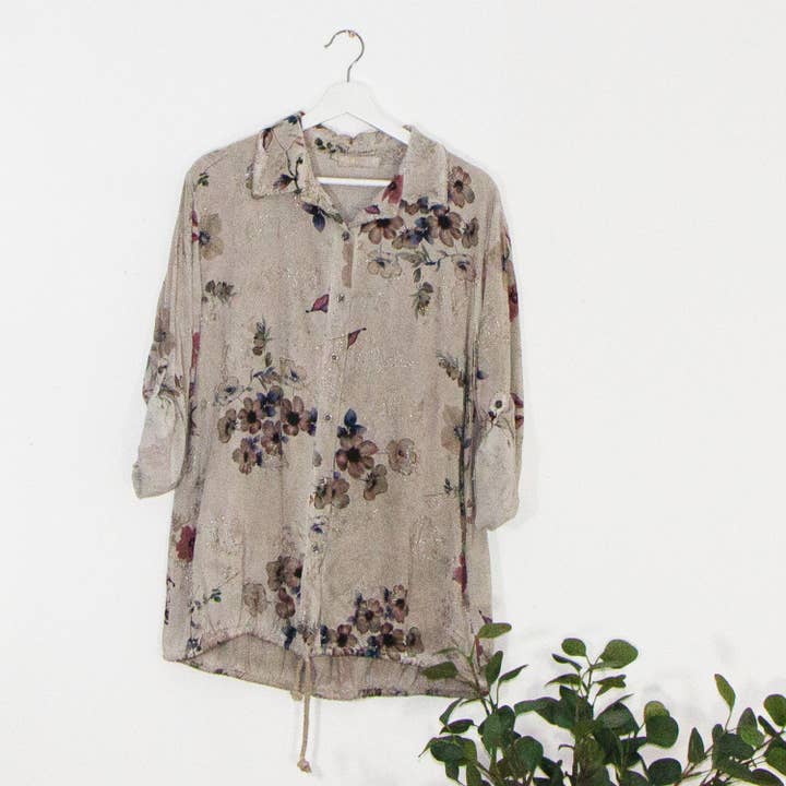 Classy natural flower print shirt with gold outline elements (M) for wholesale by Tempest Designs