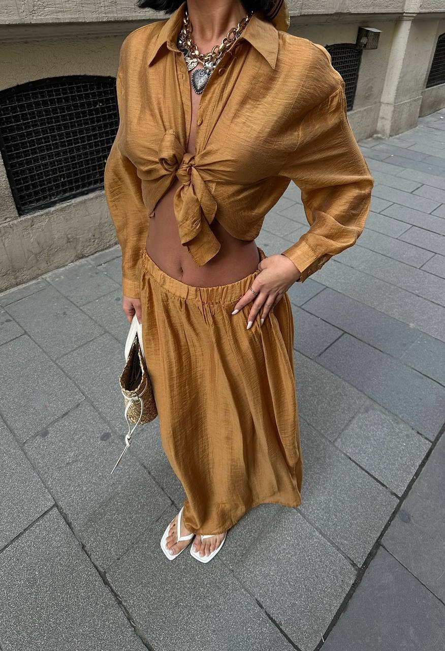 Design company-Fatma Balkir - Vendita all'ingrosso Completo top e gonna - Donna - Set di gonna maxi in raso con cintura in vita e camicia a maniche lunghe1