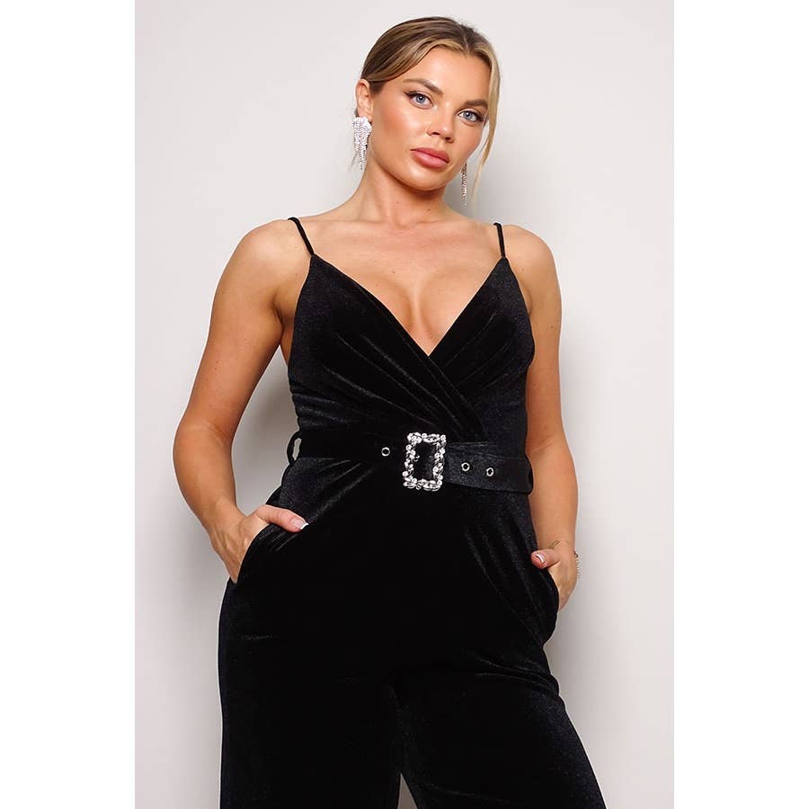 CEFIAN FASHION - Wholesale Jumpsuit - Women's - SAMBA RHINESTONE BELT VELVET JUMPSUIT0