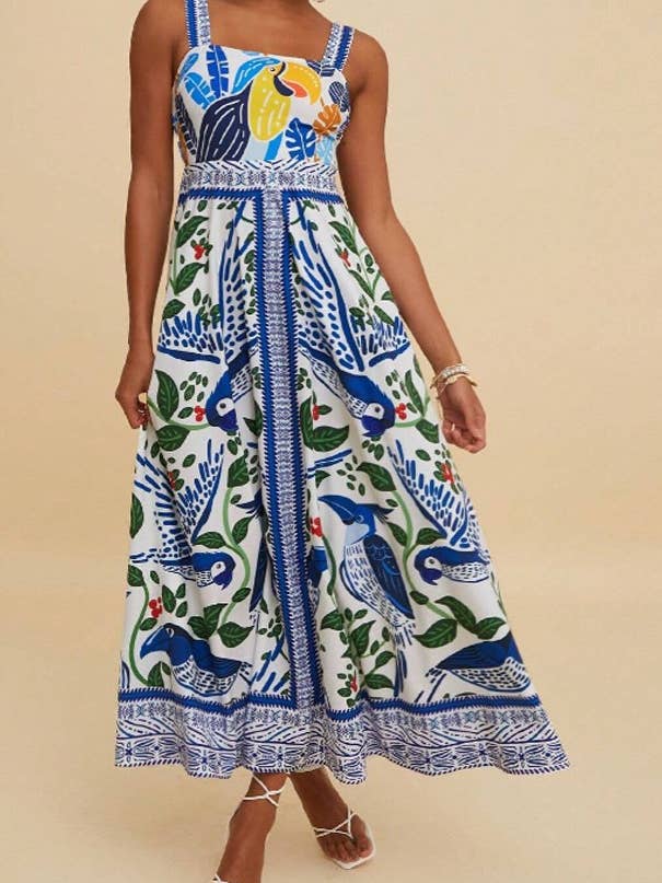 Boho Tropical Birdie Blue floral print strappy flare dress for wholesale on Faire