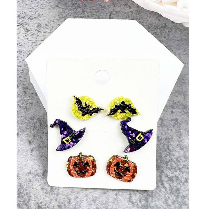 3PAIR HALLOWEEN BAT WITC HHAT PUMPKIN EARRING SET for wholesale by JHP Collection