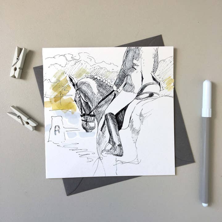 Moving Up Dressage - Horse hand-drawn greeting card for wholesale by SJ. Vickery Designs Ltd.