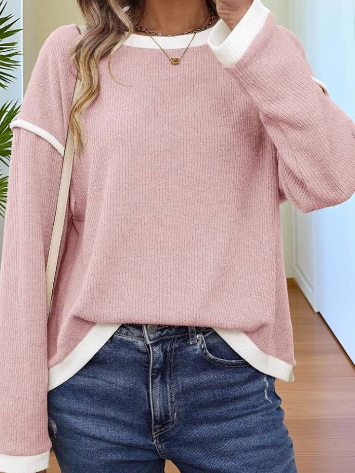 CWOSWL07154_TOP LOOSE À COL ROND EFFET MAILLE COLORBLOCK pour la vente par NINEXIS