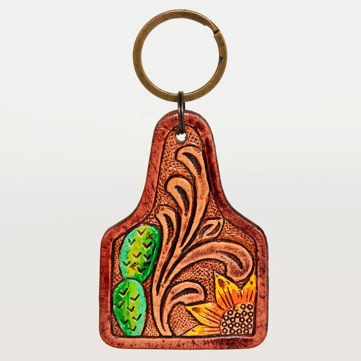 LS Western - Wholesale Keychain – Unisex - ADKR188 Hand-Tooled Leather Sunflower Keyring Western Floral Scroll Design