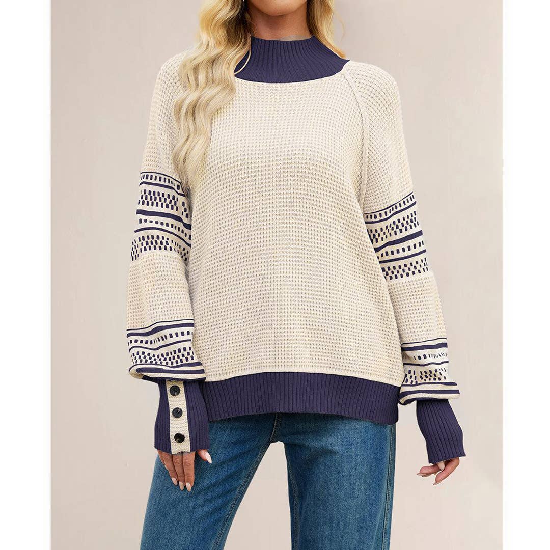 UNISHE - Wholesale Knit Sweater - Women's - Knitted Contrast Half Turtleneck Pullover Sweater SF1326