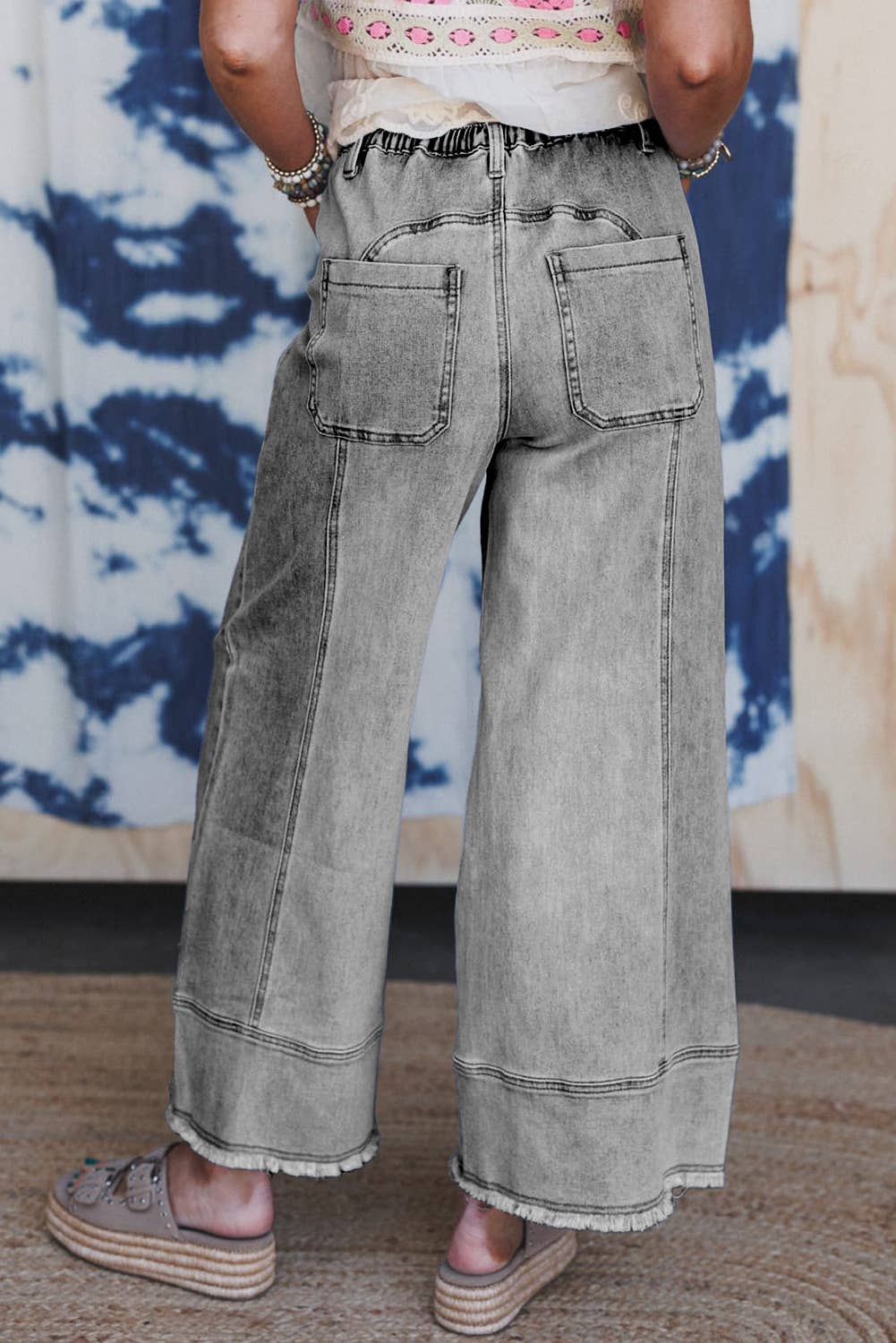 FULL TIME PURCHASE - Wholesale Jeans - Women's - Drawstring Seam Detail Raw Hem Wide Leg Denim Pants4