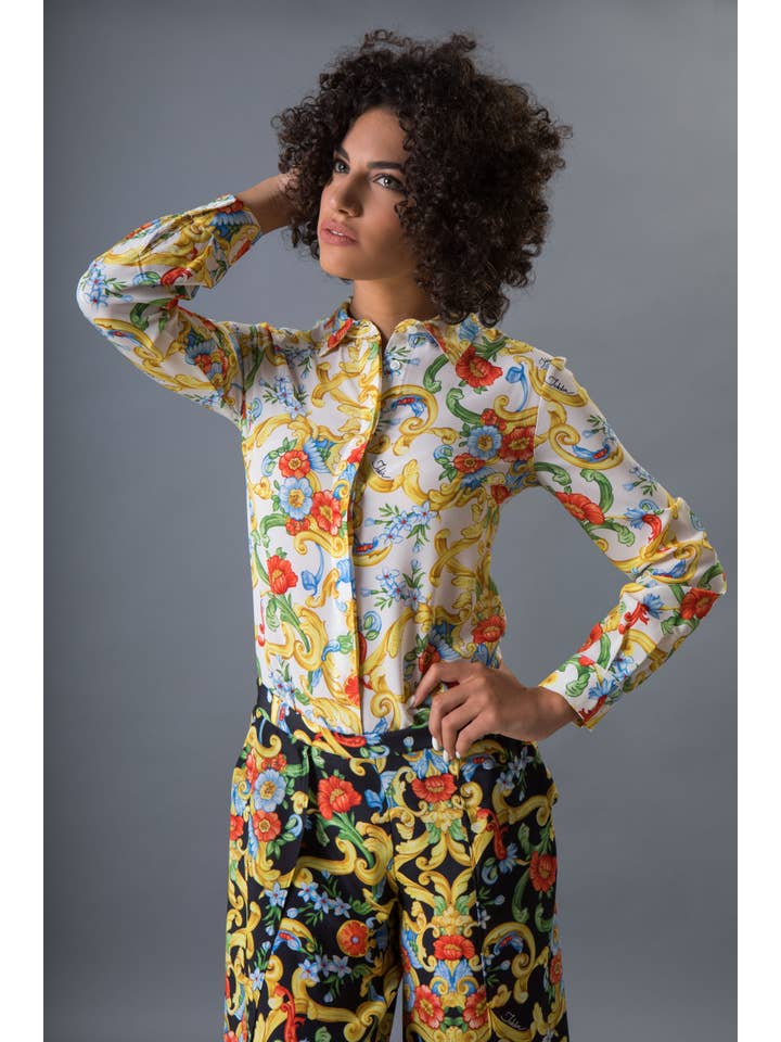 IDDA – Camisa com botões no colarinho – Mulher por atacado – Camisa de seda crepe de chine com estampa barroca