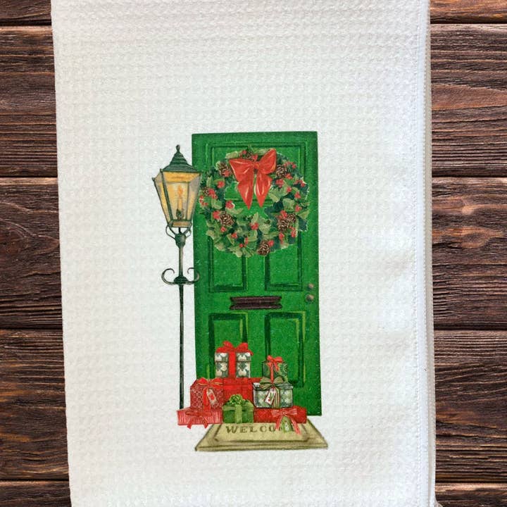 Welcome Holidays Green Door Towel for wholesale by The Adorned Willows Marketplace LLC