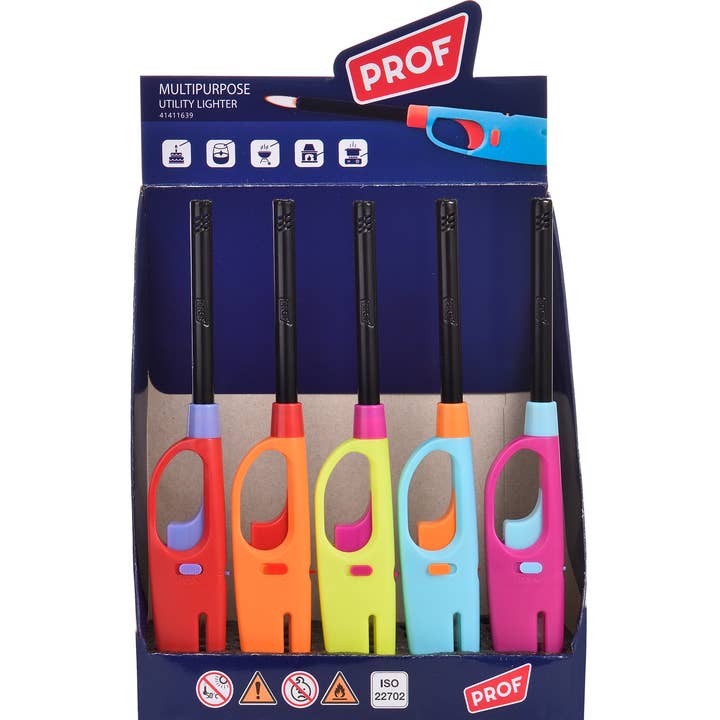 Display of 25 colorful lighters for wholesale by PROF