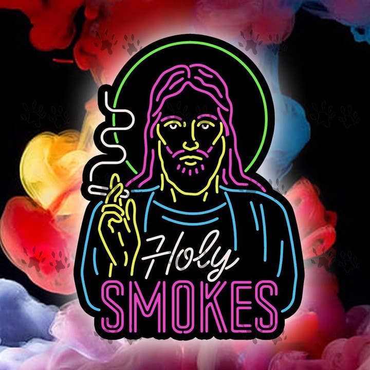 Holy Smokes klistermærke i lyserød, blå og gul for engroshandel hos The Red Otter