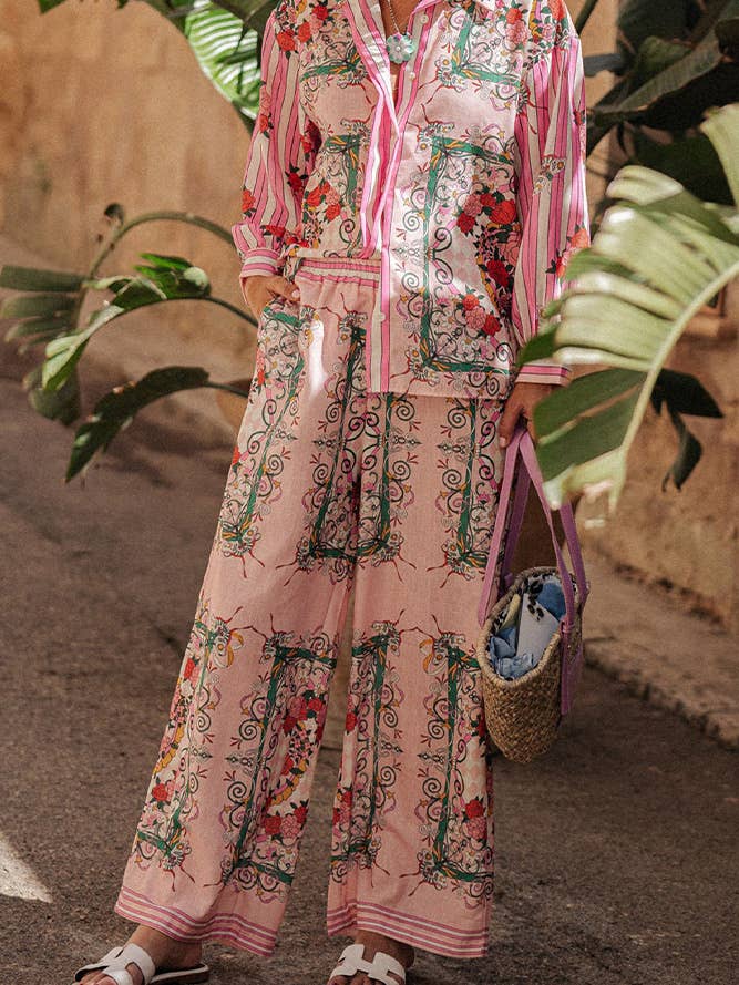 Pink Multi Color Floral Print 2pcs Pants Set ZK1916 for wholesale on Faire