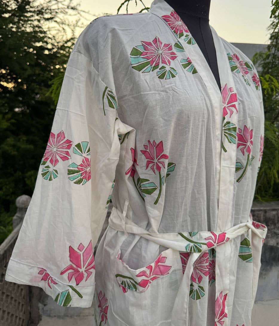 bhavnas boutique – wholesale Robe – Women's – White Color Block Print Kimono Robe Cotton Vintage Robes  0