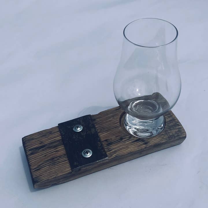 Bourbon Stave GlenCairn Holder w/Metal Band - glass included for wholesale by Fire & Fluff Laser Art Studio