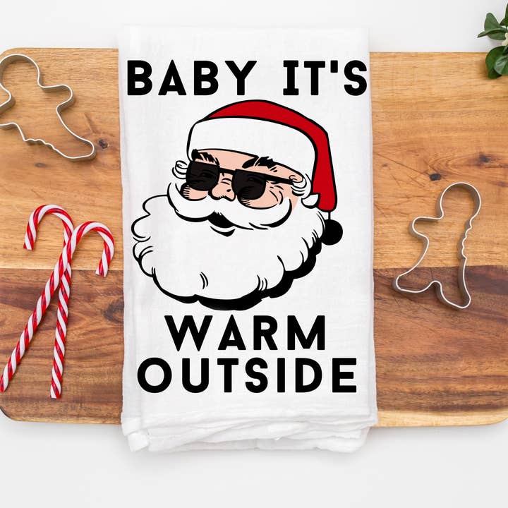 Christmas Baby It's Warm Outside Santa Kitchen Towel for wholesale by Love You a Latte Shop