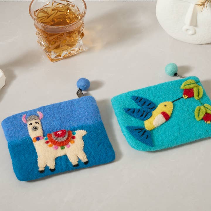 Wool Felt pouch Hand Carry Coin Purse - Llama & Hummingbird for wholesale by Sparkle Being