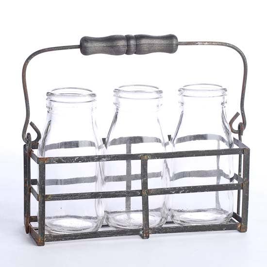 Factory Direct Craft – wholesale Basket – Rustic Distressed Metal Wire Caddy with Glass Bottles 1