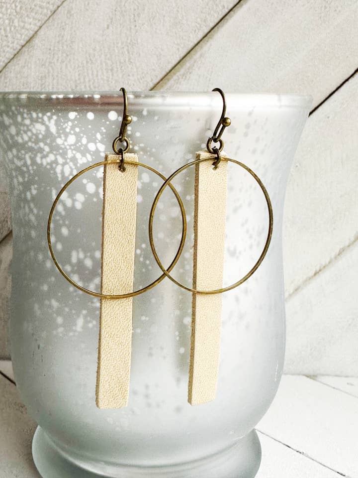 Bronze + Beige - Leather Bar + Metal Circle Earrings for wholesale by Boho By Design