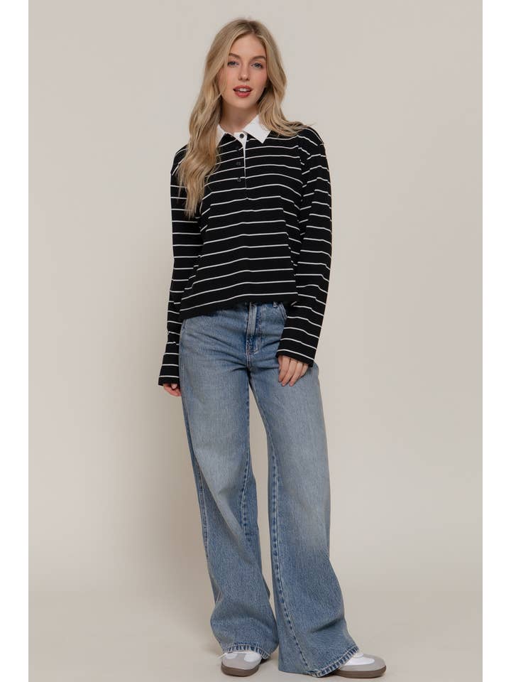 Active Basic | Active USA - Wholesale Polo - Women's - Long Sleeve Y/D Stripe Cotton Polo Shirt4