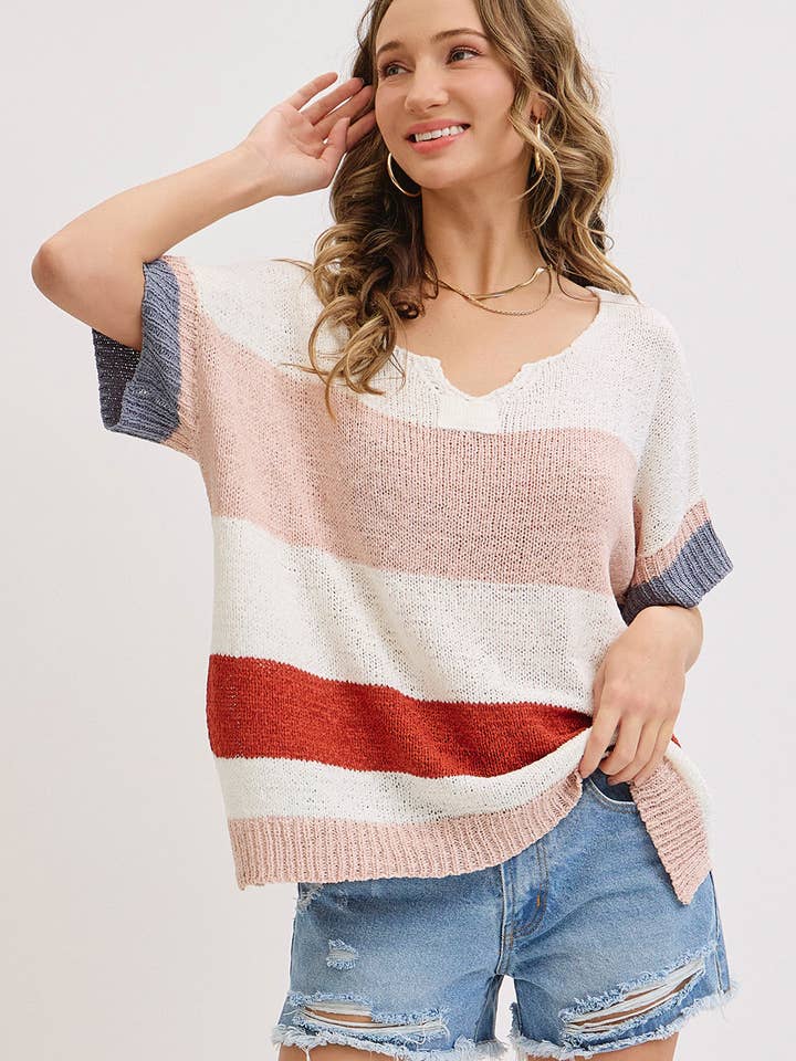 CASUAL LOW GUAGE STRIPED COLOR BLOCK SWEATER KNIT TOP for wholesale by Sweet Lovely by Jen
