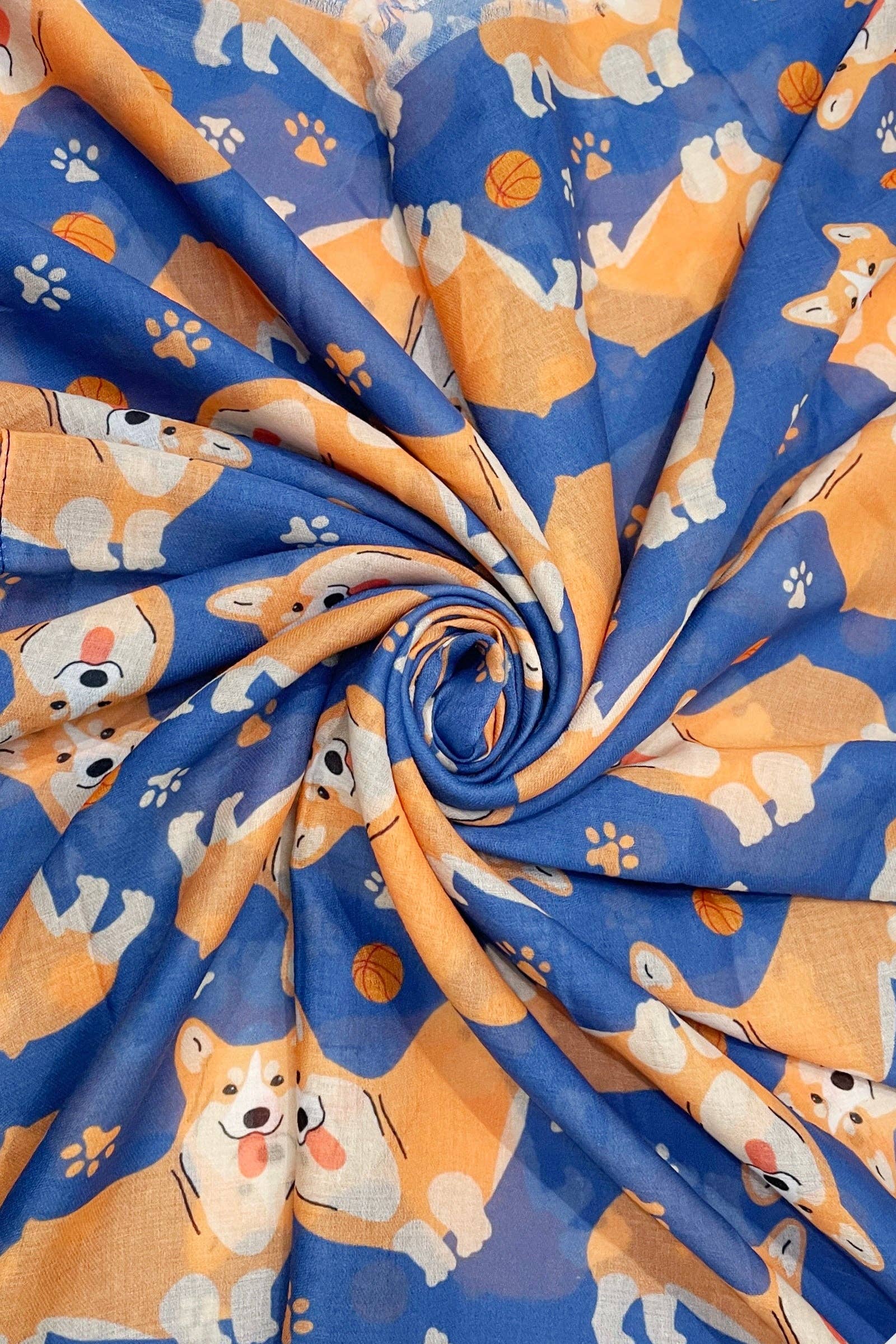 Blau Corgi ausgefranster Schal mit Hund- und Pfotenmuster für den Großhandel auf Faire1