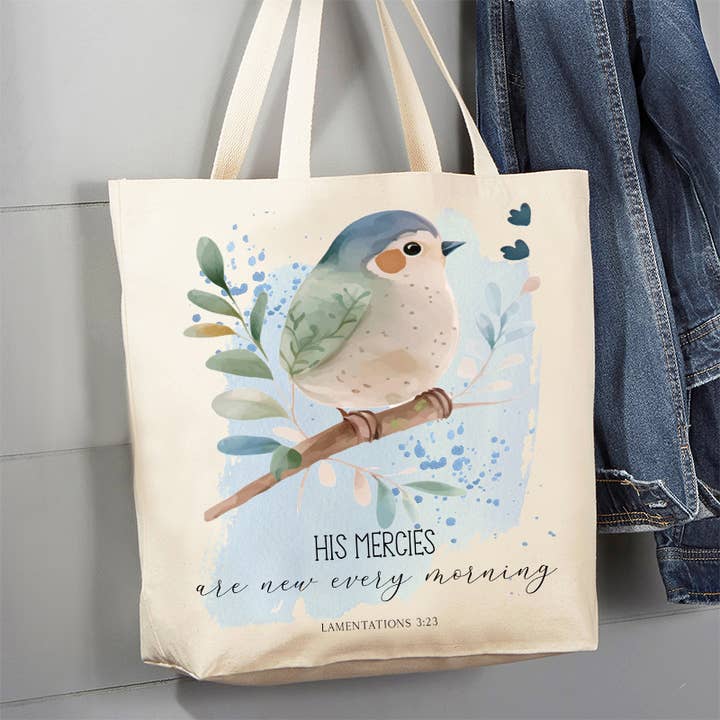 Spiritual His Mercies are New Bird Canvas Tote Bag for wholesale by Avery Lane Gifts