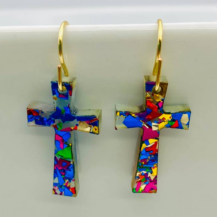 SPIRITUAL CROSS BLUE PARTY DANGLE EARRINGS for wholesale by Sandy Lou Designs