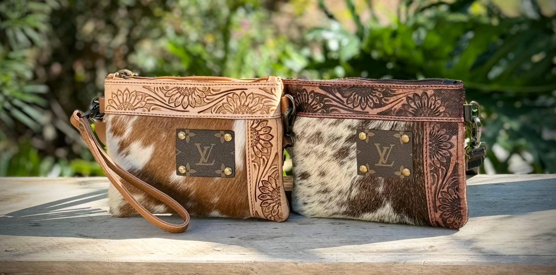 Southern Junkie Gypsy Boutique - Wholesale Crossbody Bag - Women's - Upcycled LV Cowhide Leather Crossbody Wristlet Bag Western 3