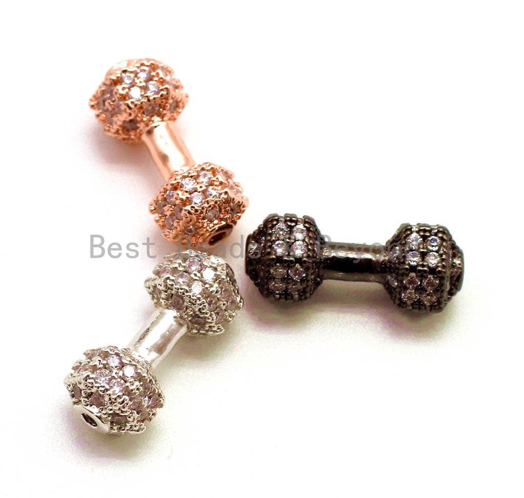 BestBeads&Beyond - Venta al por mayor Abalorios/colgantes individuales - CZ Dumbbell Clear Micro Pave Beads, cuentas espaciadoras de circonita cúbica, espaciador de barra de fitness, dijes de pulsera para hombre, 16x6mm sku #G1290