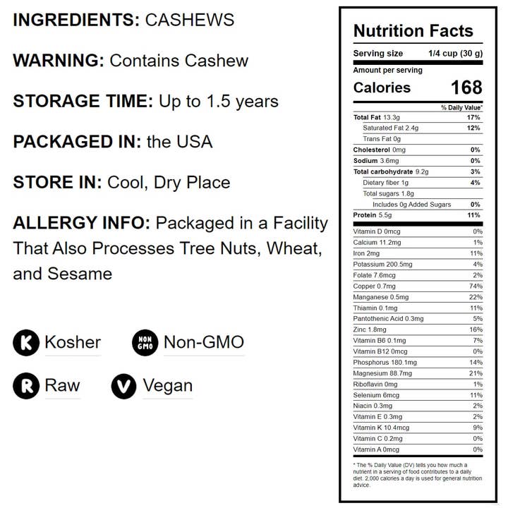 Food To Live – wholesale Nötter – Rå cashewnötter - Icke-GMO-verifierad, Kosher, Osaltad, Storlek W-3204