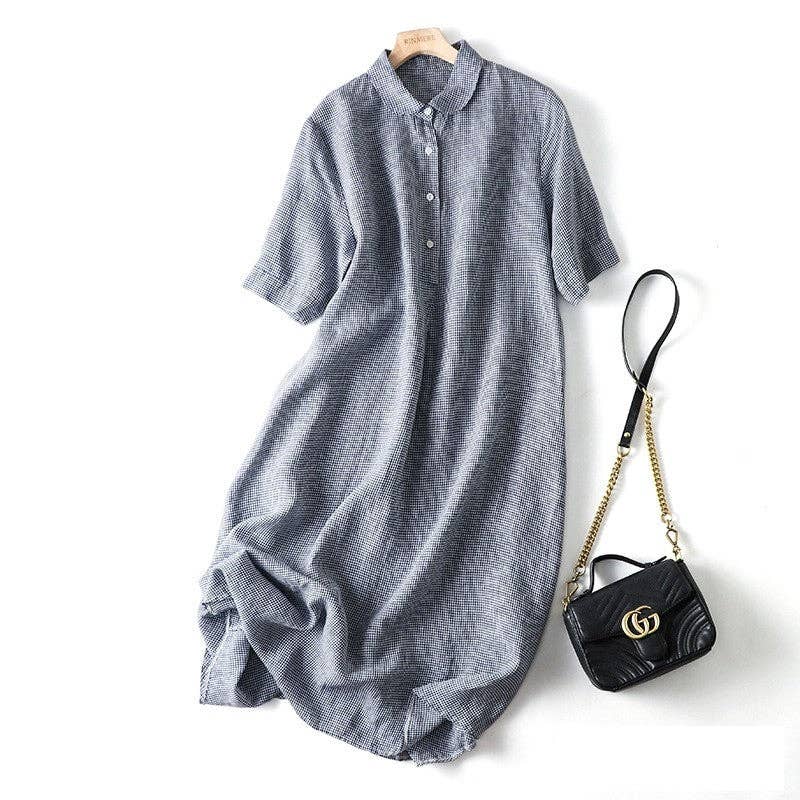 UZ Wholesale Store – wholesale Klänning - Dam – Kortärmad A-linjeformad klänning i ramie och bomull med slagkrage, casual retrostil7