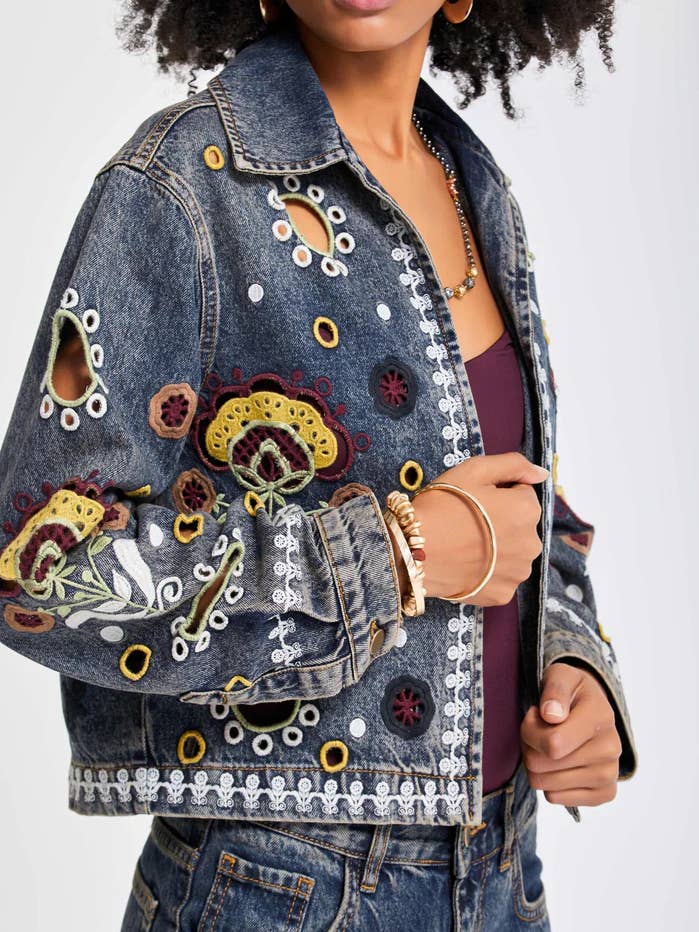Embroidered Denim Jacket: Vintage Floral Boho Cotton Jean for wholesale by DesignofBoho