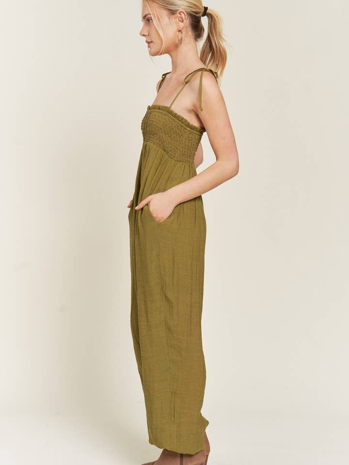JADE BY JANE - Wholesale Jumpsuit - Women's - SMOCKED TIE STRAP JUMPSUIT JJS5014