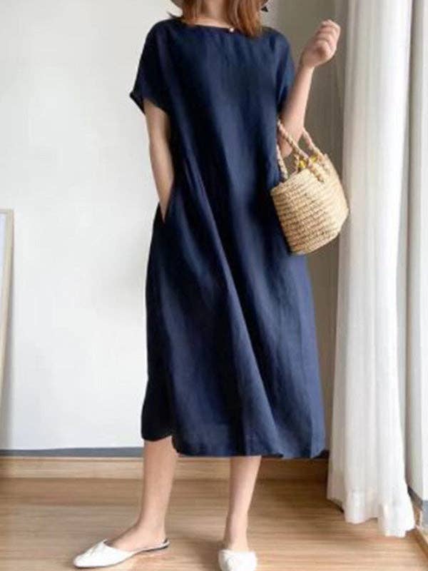 StyleGalX - Wholesale Dress - Women's - Casual Loose Solid Color Round-Neck Midi Dresses6