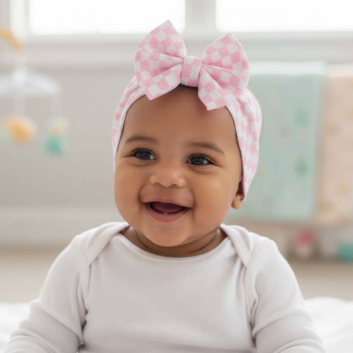 Pink Checker Print Headwrap Bow for wholesale by Tiny toes Baby Co