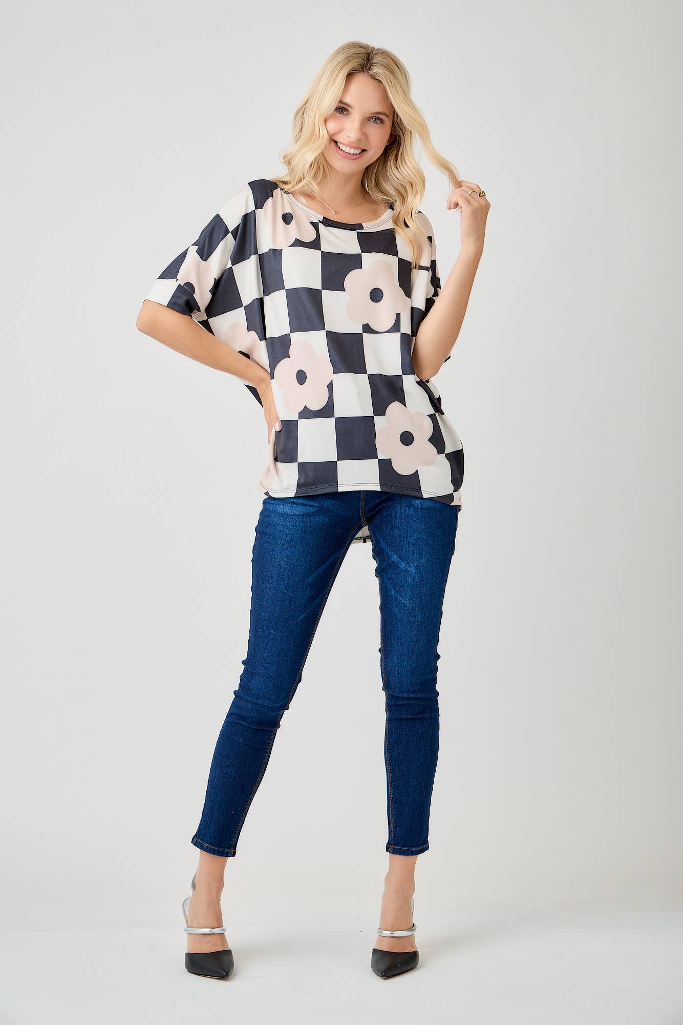 Celeste Clothing - Wholesale Tunic - Women's - WOMEN'S PLUS SIZE CHECKERED FLORAL TOP WITH HIGH-LOW HEM  
7