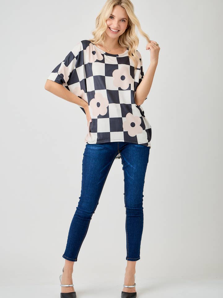 Celeste Clothing - Wholesale Tunic - Women's - WOMEN'S PLUS SIZE CHECKERED FLORAL TOP WITH HIGH-LOW HEM
7