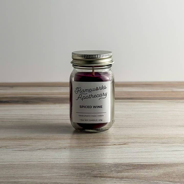 Flameworks Apothecary - Wholesale Jar/filled candle - Spiced Wine 1.5 oz Mini Mason Jar Candle