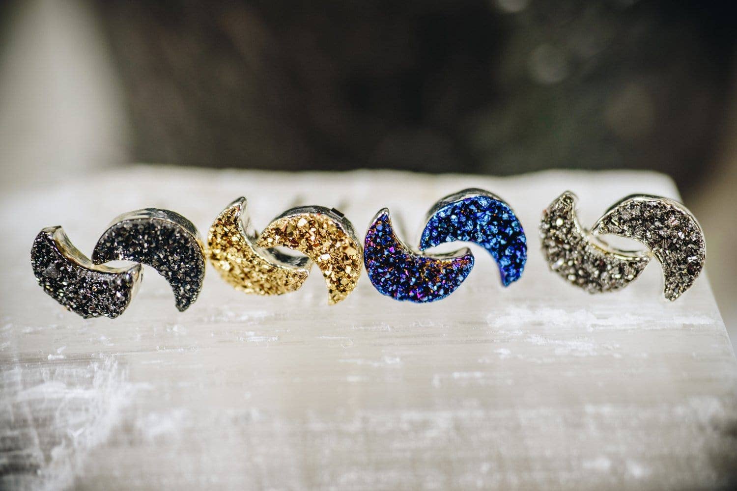 Rock Paradise - Wholesale Stud/Post Earrings - Crystal Moon Titanium Druzy Stud Earrings Electroplated 24k1