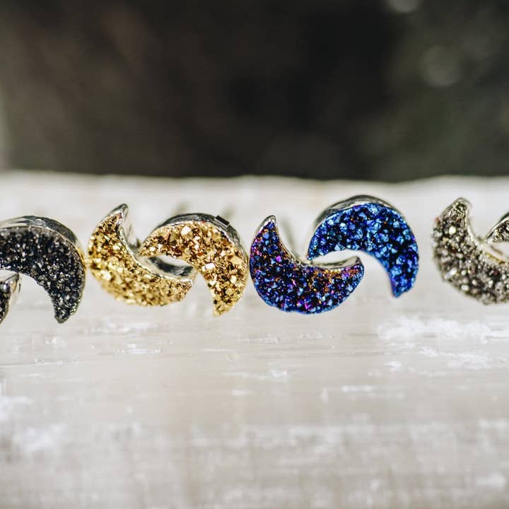 Rock Paradise - Wholesale Stud/Post Earrings - Crystal Moon Titanium Druzy Stud Earrings Electroplated 24k1