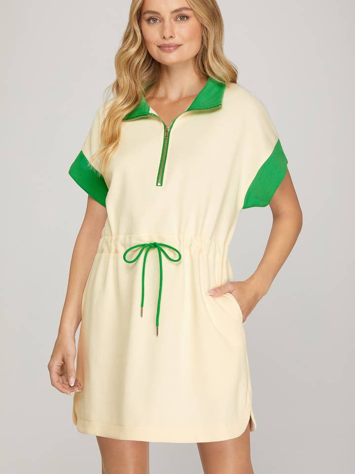 PM1662 - KNIT ZIP UP COLLARED COLOR BLOCK MINI DRESS for wholesale by Peace Love Line