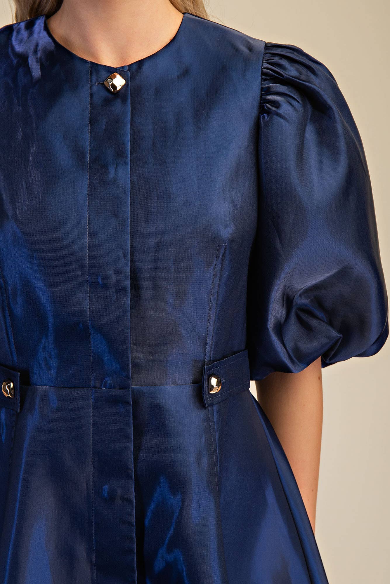 Glam - Wholesale Dress - Women's - Collar Neck Puff Sleeve Waist Detail Shiny Mini Dress4