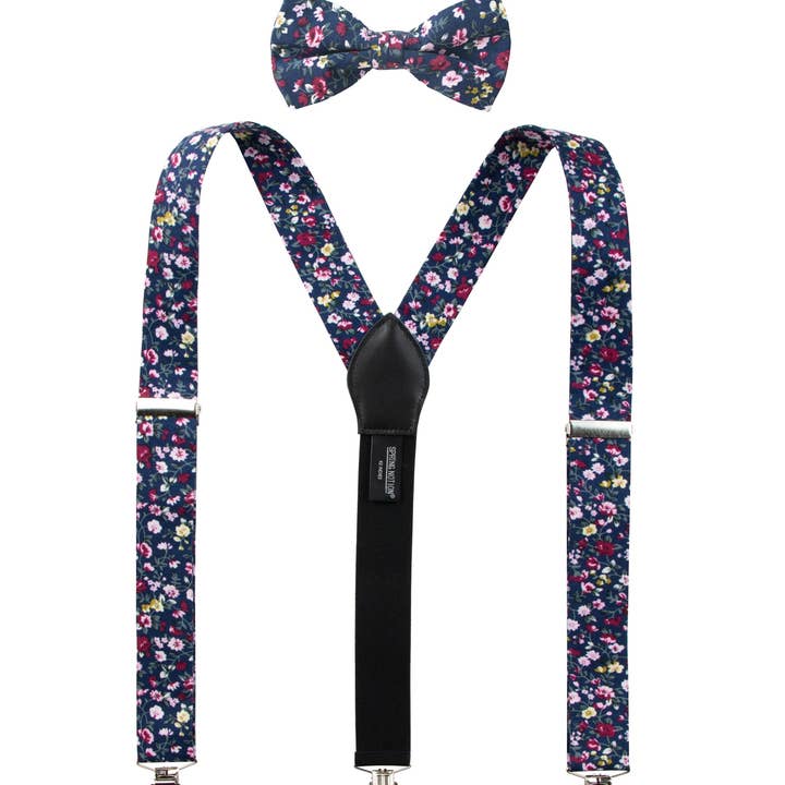 Men's Floral Cotton Suspenders and Bow Tie Set, Navy (STYLE:184443.23NV) for wholesale by Spring Notion
