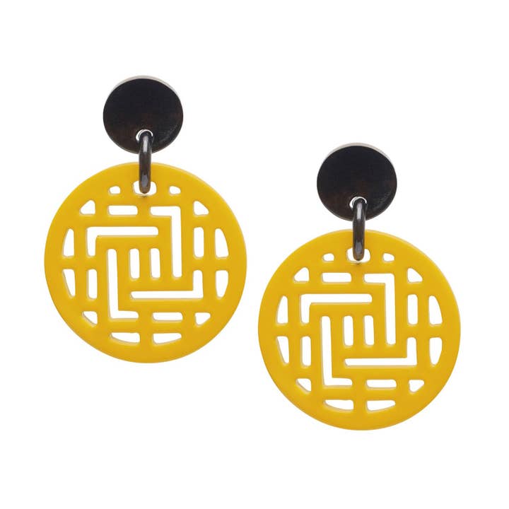 Moko Yellow Round Geometric patterned Horn Earrings for wholesale by BRANCH JEWELLERY