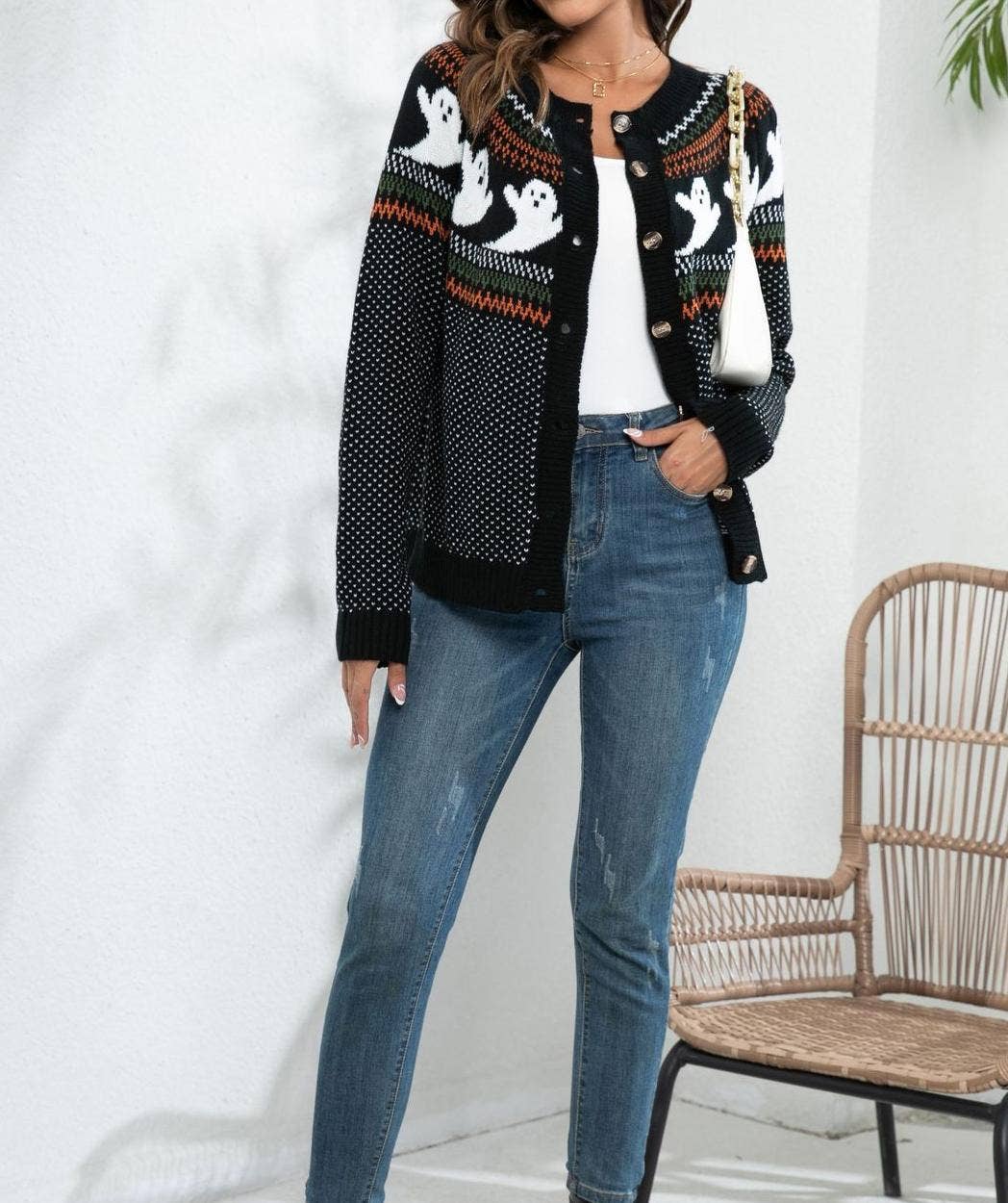 Black Halloween Ghost Pattern Button Front Knit Cardigan for wholesale on Faire7