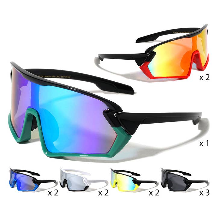 12 pezzi - Occhiali da sole sportivi con lente colorata One Piece Blade per la vendita all'ingrosso da parte di Sensibling Corp.