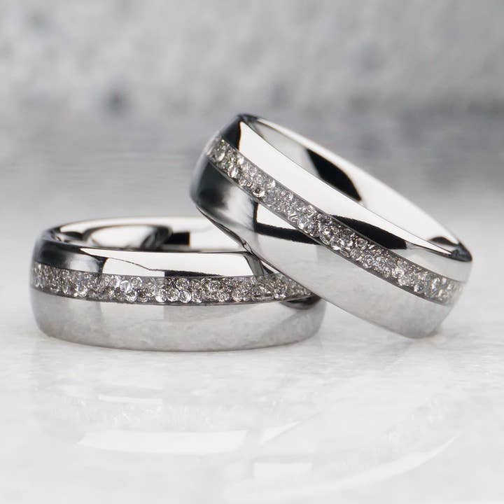 Redwood Rings - Wholesale Band/Stacked Ring - Silver Tungsten Ring With Lab-Grown Diamond Strip - 8MM3