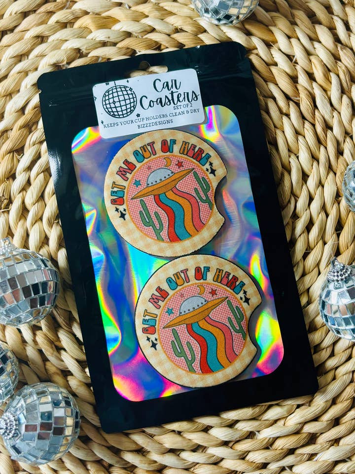 Sottobicchieri per auto Get me out of Here | Set di 5 sottobicchieri per auto con fiocco per la vendita all'ingrosso da parte di Bizzz Designs