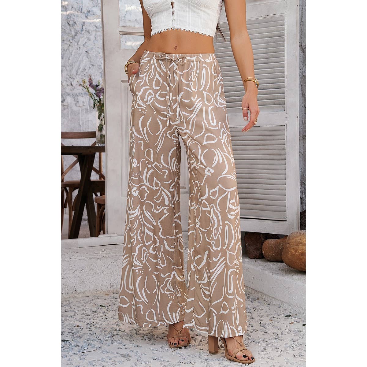 Elings - Wholesale Pants - Women's - Allover Print Drawstring Pockets Wide Leg Pants16