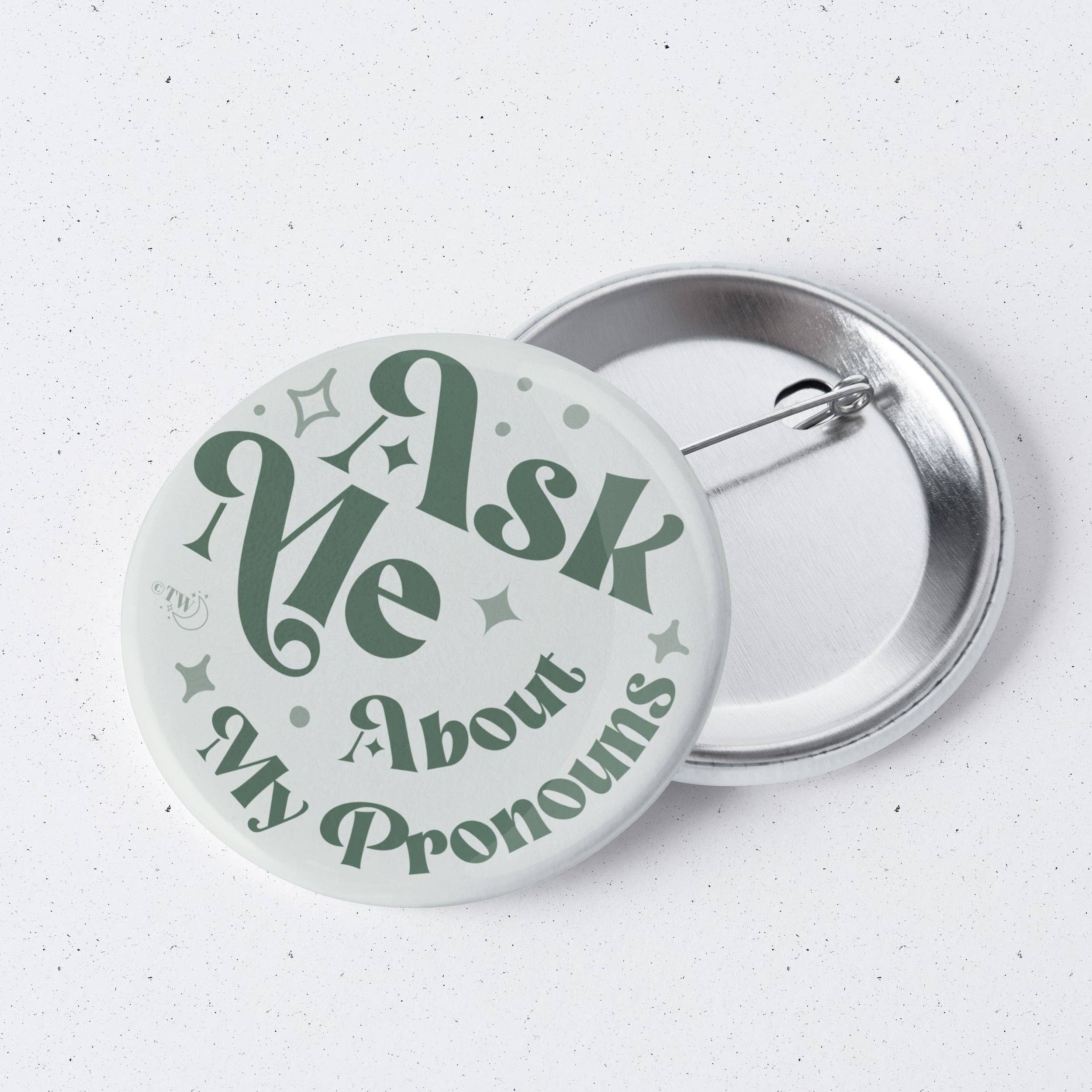 Ask Me About My Pronouns Retro Stars 1" Mini Button Pin for wholesale by Tiny Werewolves
